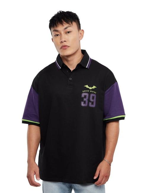 the souled store black relaxed fit printed oversized polo t-shirt