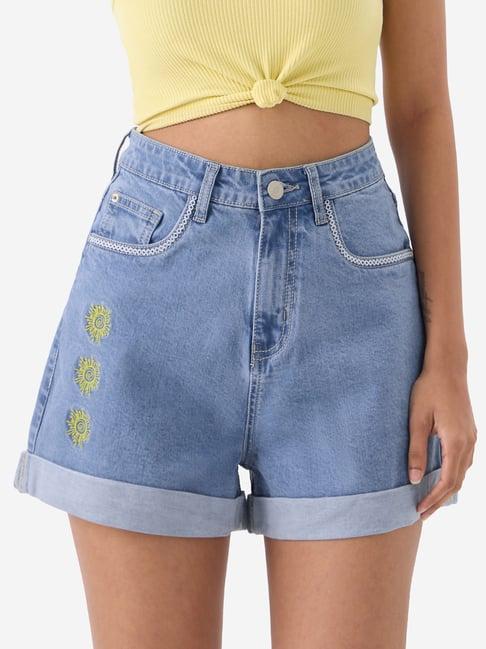 the souled store blue cotton embroidered shorts