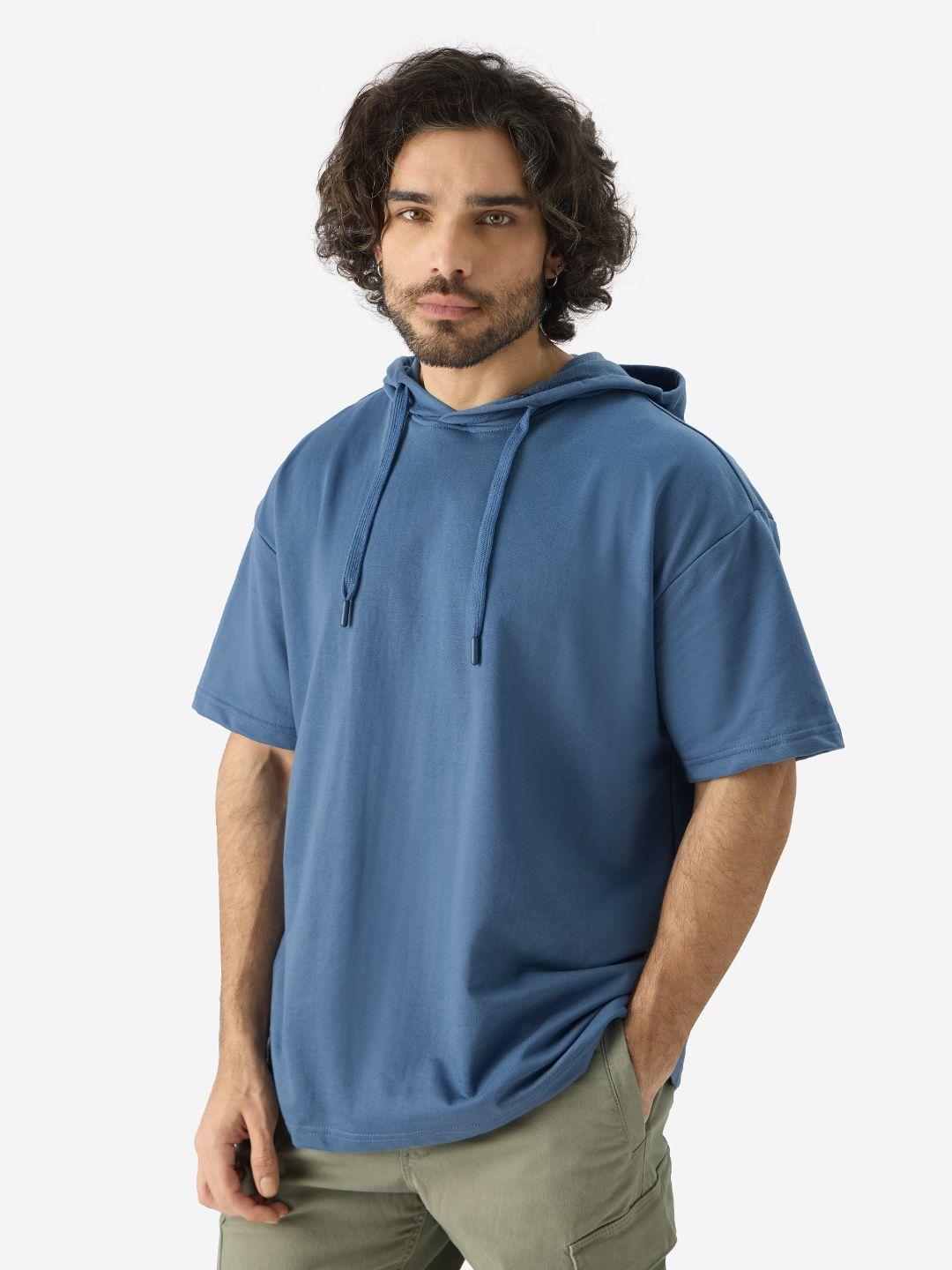 the souled store blue drop-shoulder sleeves pure cotton hooded oversized t-shirt