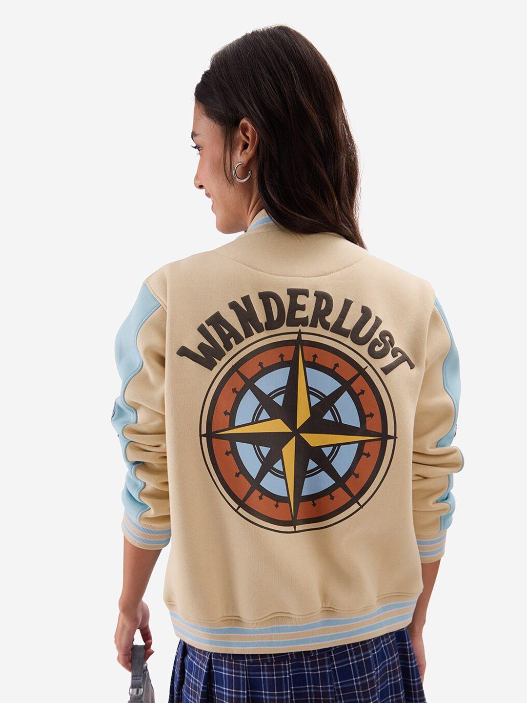 the souled store blue graphic printed lightweight pure cotton varsity jacket