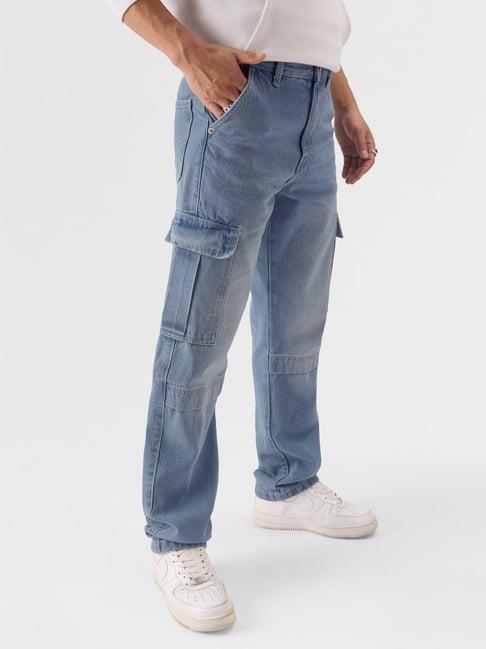 the souled store blue regular fit lightly washed cargo jeans