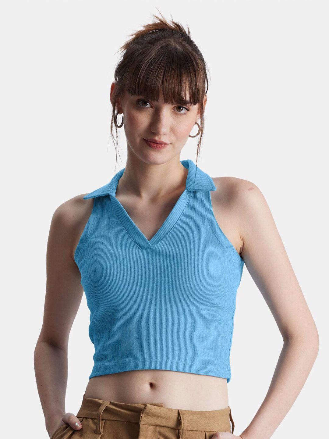 the souled store blue v-neck fitted crop top