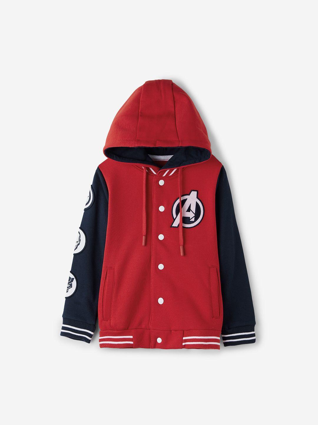 the souled store boys red avengers: mighty heroes embroidered lightweight varsity jacket