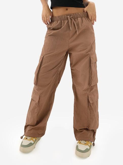 the souled store brown cotton relaxed fit cargo pants