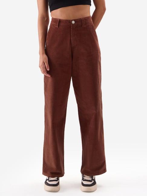 the souled store brown cotton straight fit high rise pants