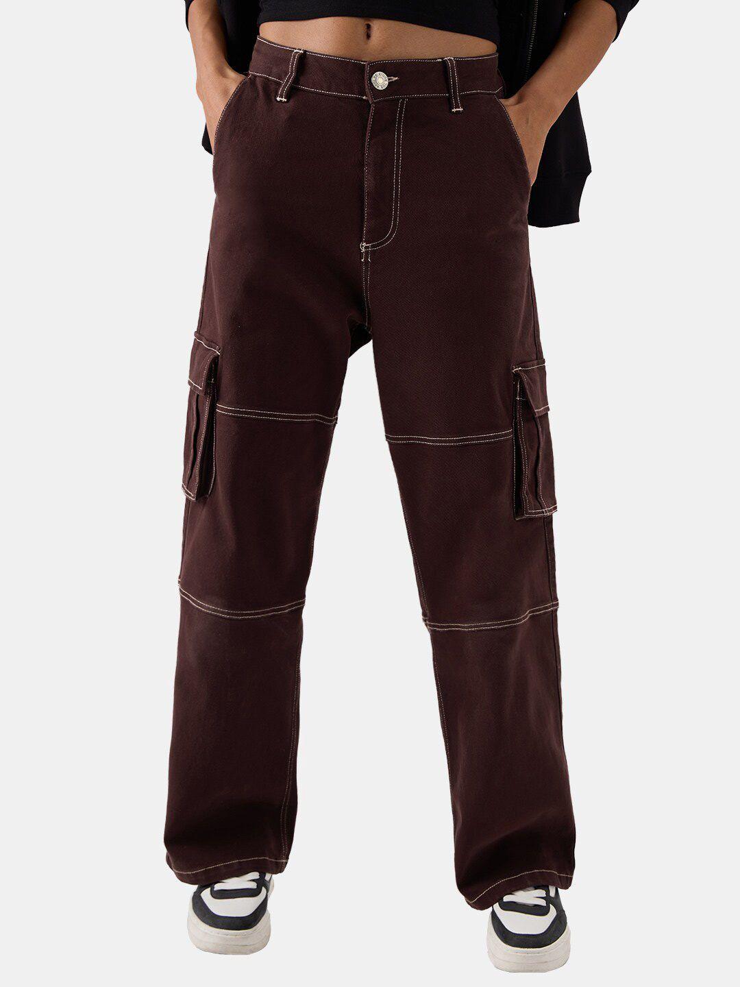 the souled store burgundy women straight fit pure cotton cargo  jeans