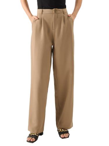 the souled store camel women and girls buttoned straight fit cotton blend solid korean pants