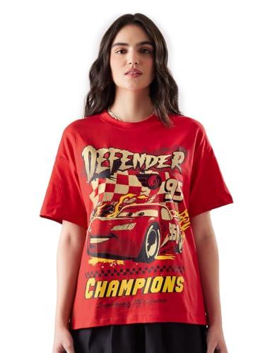 the souled store cars: defending champ womens and girls oversize fit half sleeve graphic printed cotton red color t-shirt