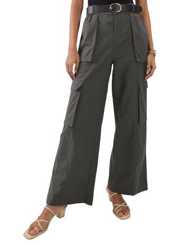 the souled store charcoal women and girls buttoned wide leg fit cotton linen pants