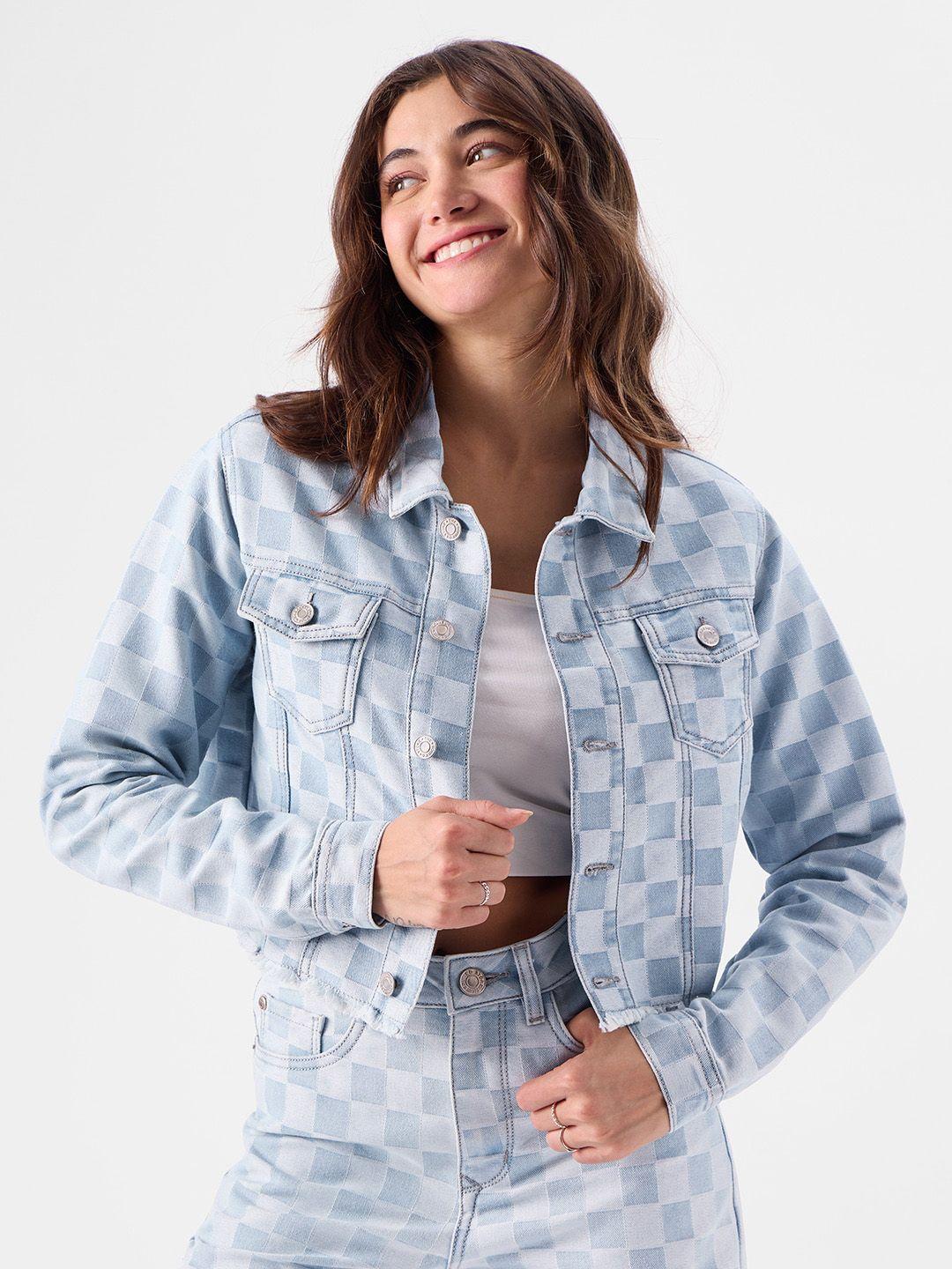 the souled store checked lightweight spread collar pure cotton crop denim jacket