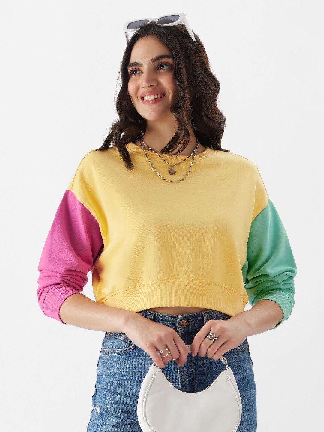 the souled store colourblocked cotton pullover crop sweatshirt