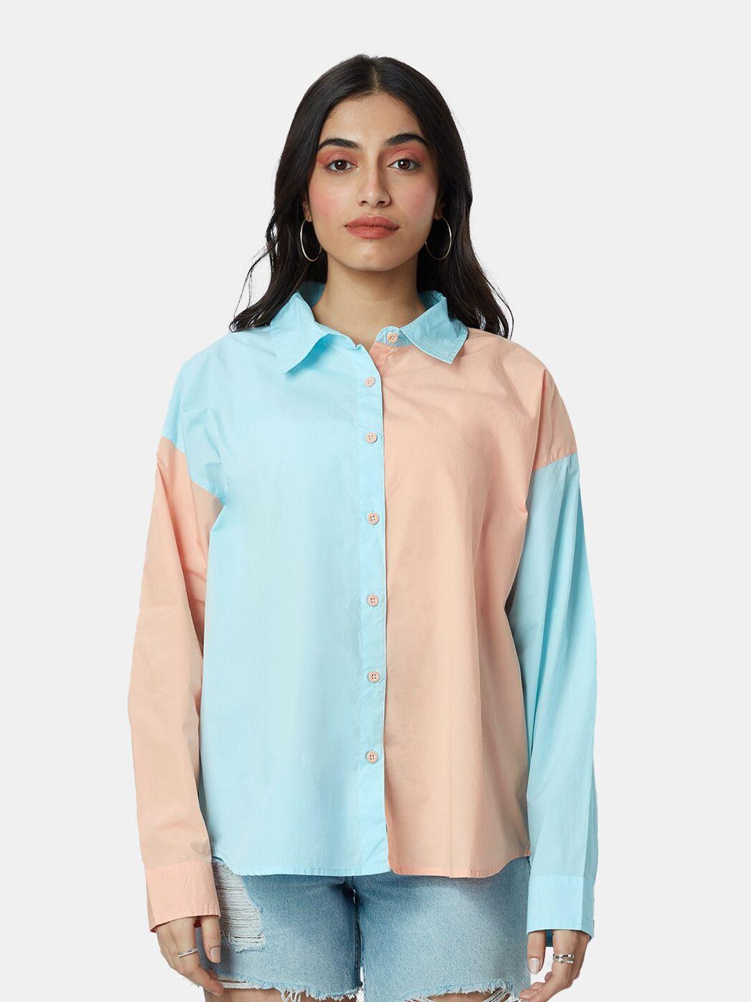 the souled store colourblocked spread collar relaxed pure cotton boxy casual shirt