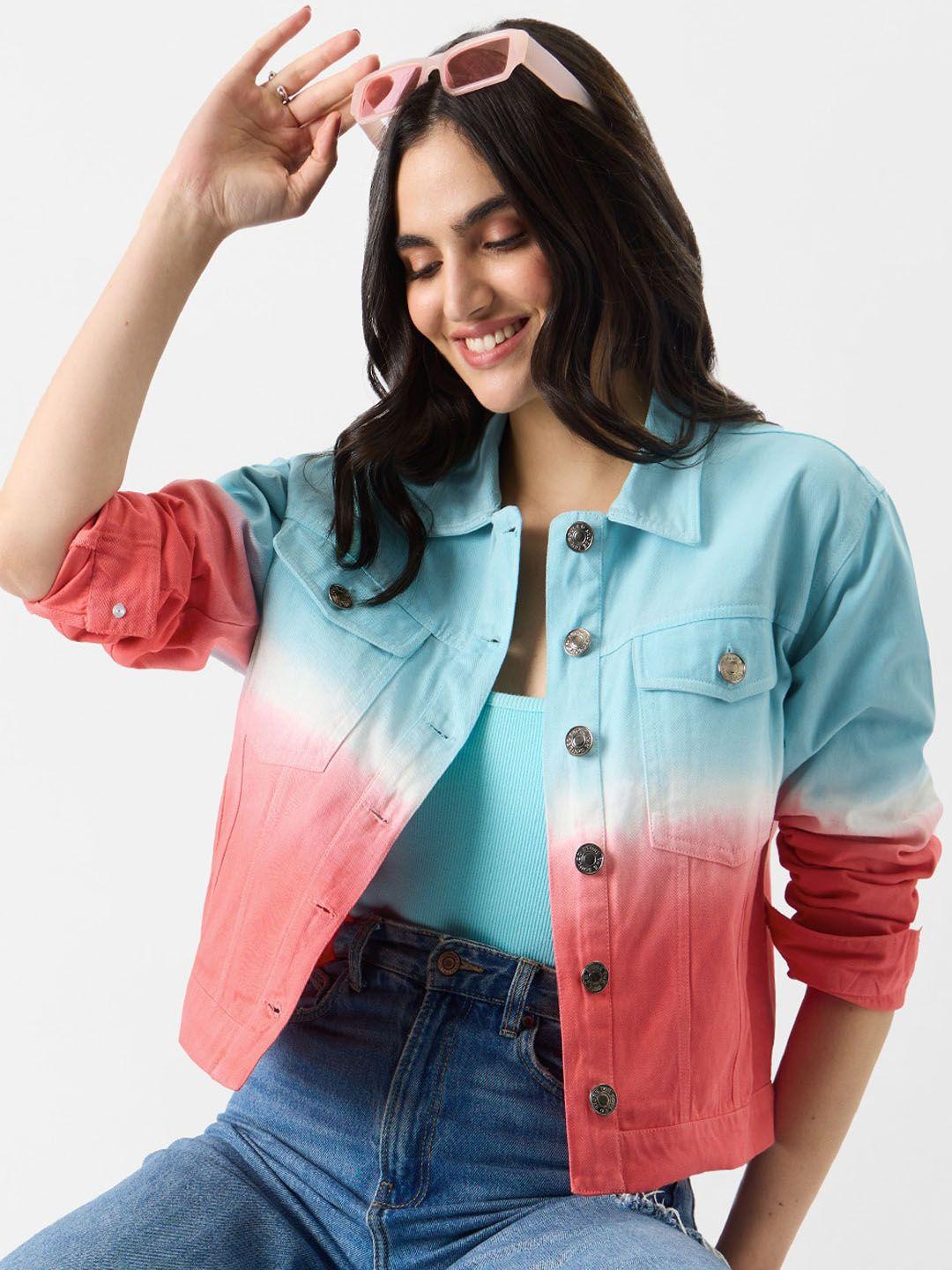 the souled store coral ombre printed lightweight spread collar cotton denim jacket