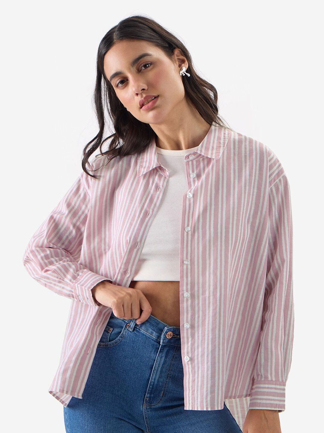 the souled store coral striped oversized cotton casual shirt