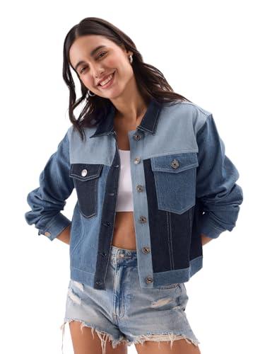 the souled store denims: shades of blue (colourblock) long sleeve button down collared women and girls denim jackets jackets winter coats outerwear denim thick lightweight warm stylish fashionable