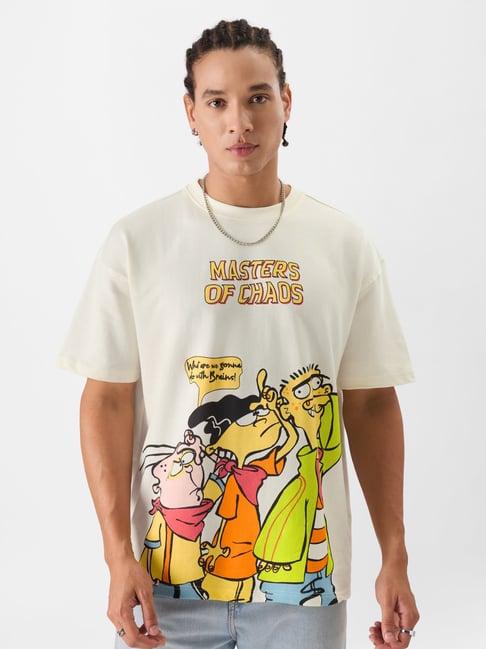 the souled store ed, edd n eddy: chaotic bros off white loose fit oversized crew t-shirt