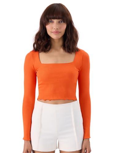 the souled store flame orange ribbed top women and girls square neck slim fit full sleeves tops women's t-shirts tops tees casual fashion regular fit full sleeves round neck trendy stylish