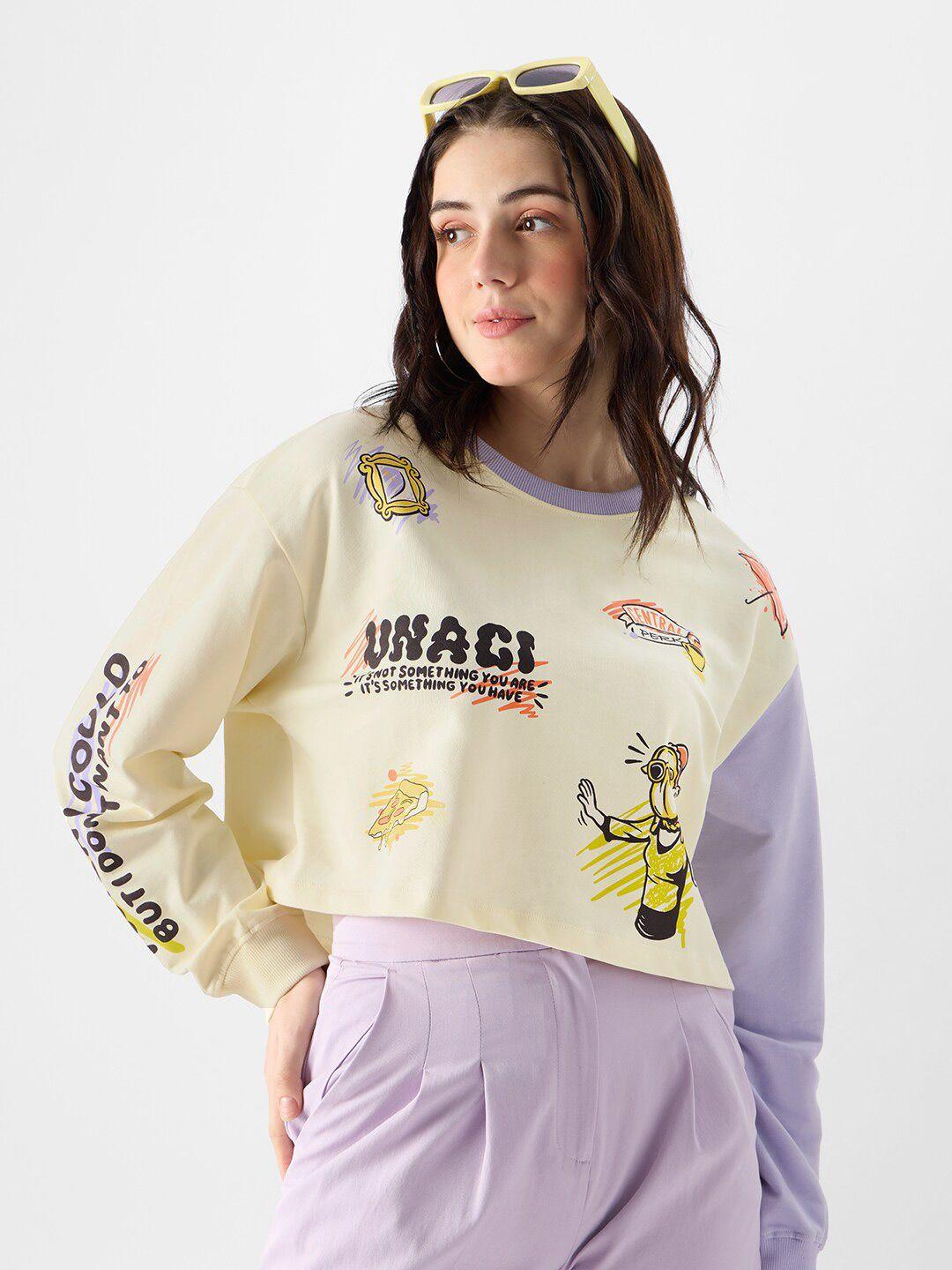 the souled store friends printed drop shoulder sleeves pure cotton boxy crop top