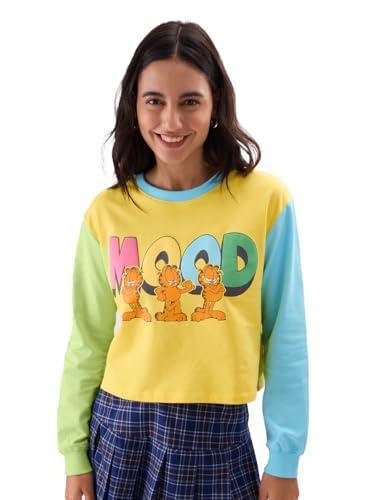 the souled store garfield: mood long sleeve graphic print round neck women and girls oversied fit pre-winter tops yellow sweatshirts hoodies pullovers graphic printed colors sportswear casual warm