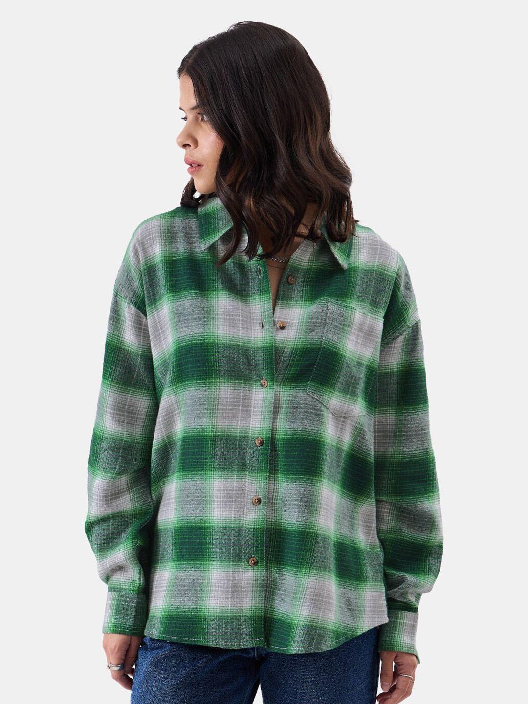 the souled store green & grey relaxed opaque checked pure cotton casual shirt