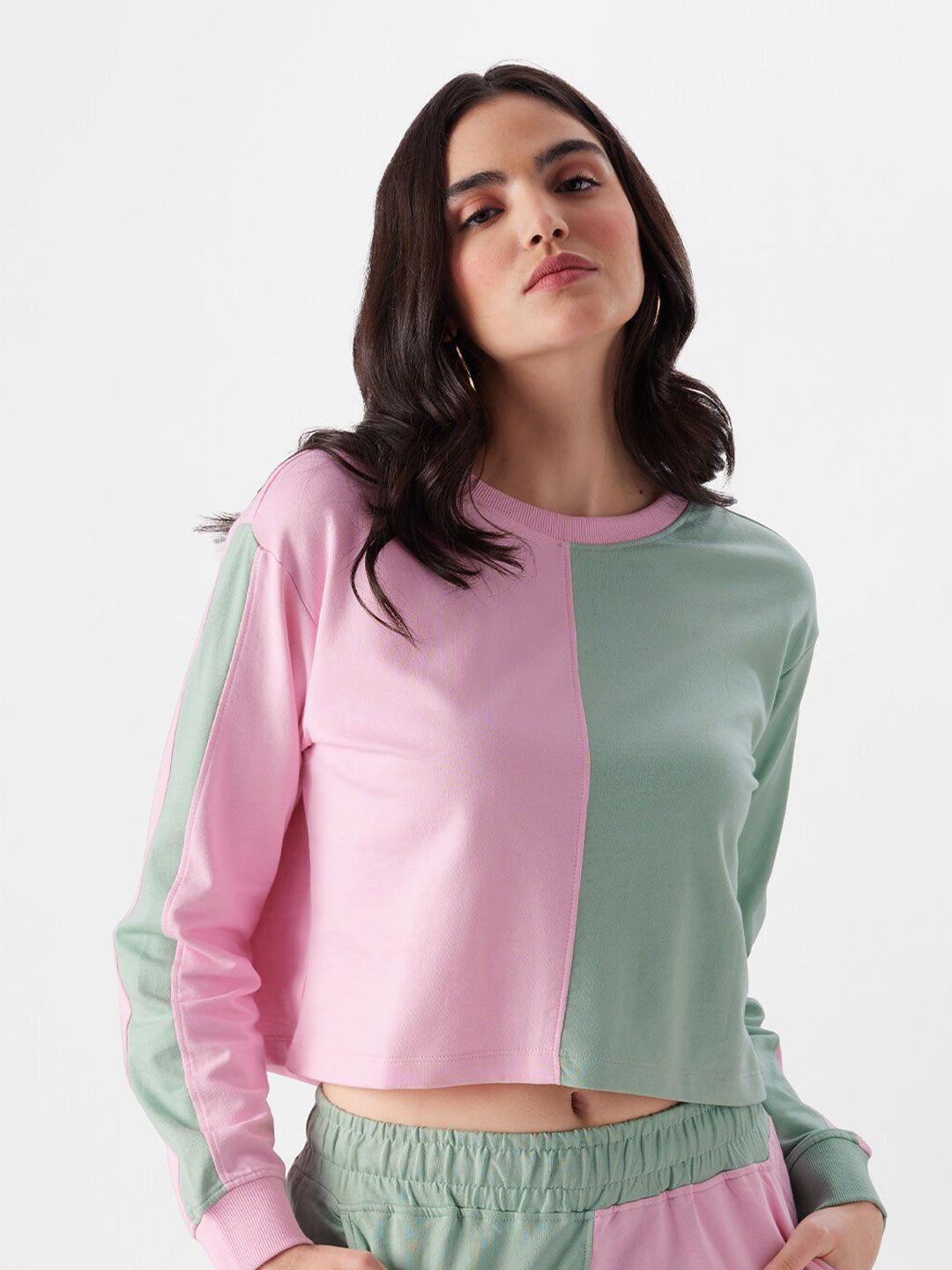 the souled store green & pink colourblocked oversize fit pure cotton crop t-shirt