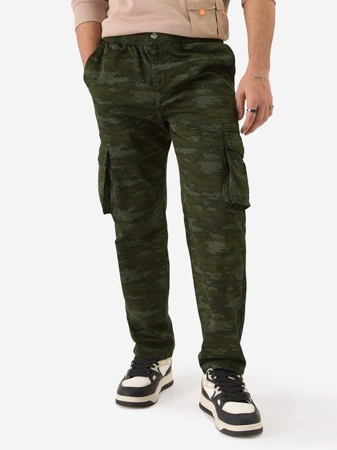 the souled store green cotton loose fit camouflage cargos