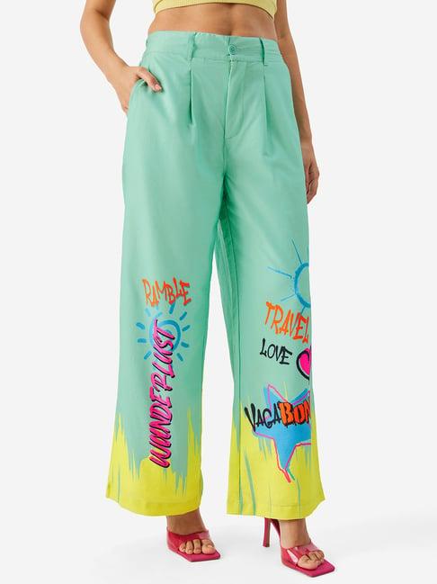 the souled store green graphic print regular fit pants