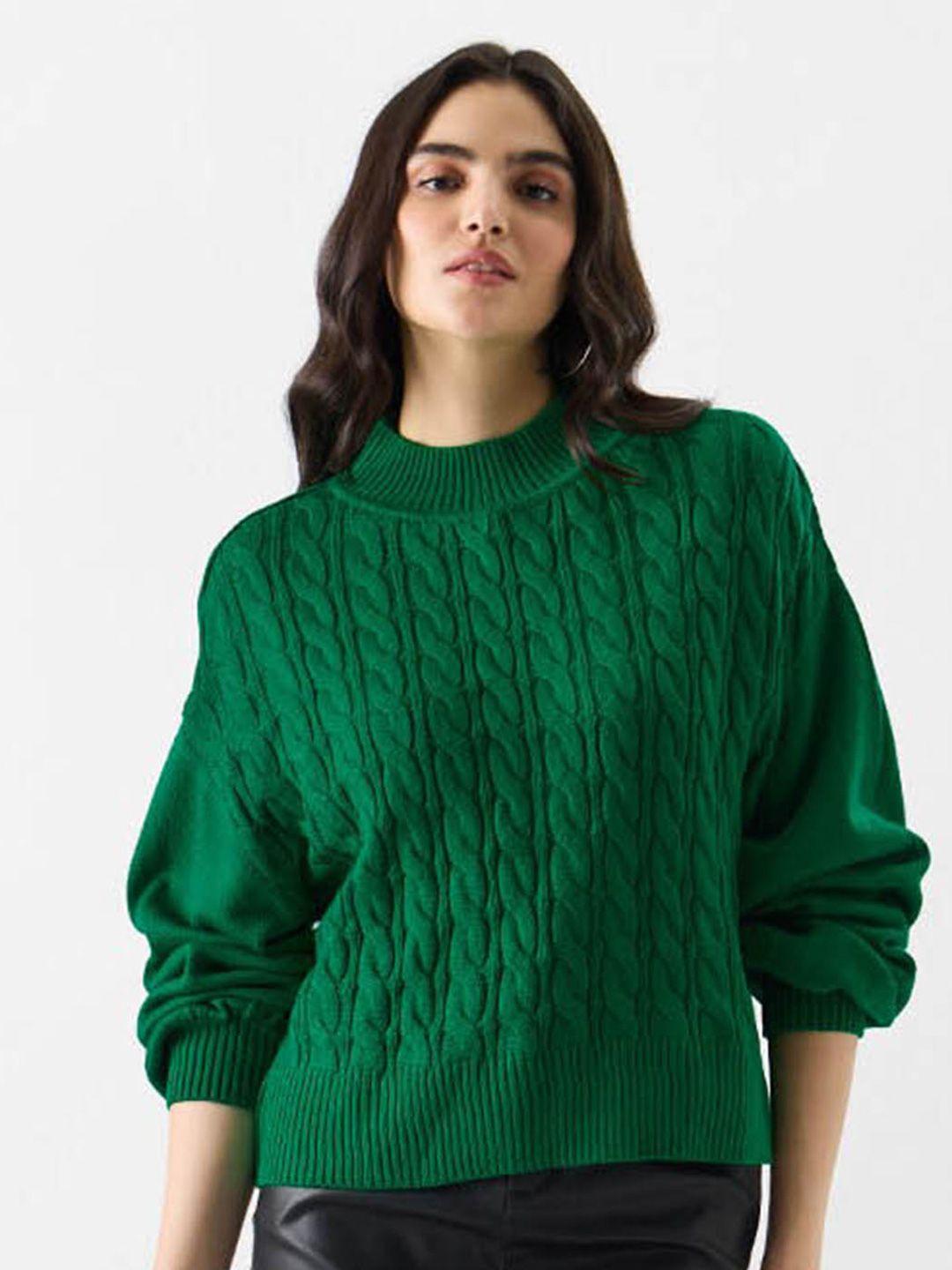 the souled store green self design cable knit acrylic pullover sweater