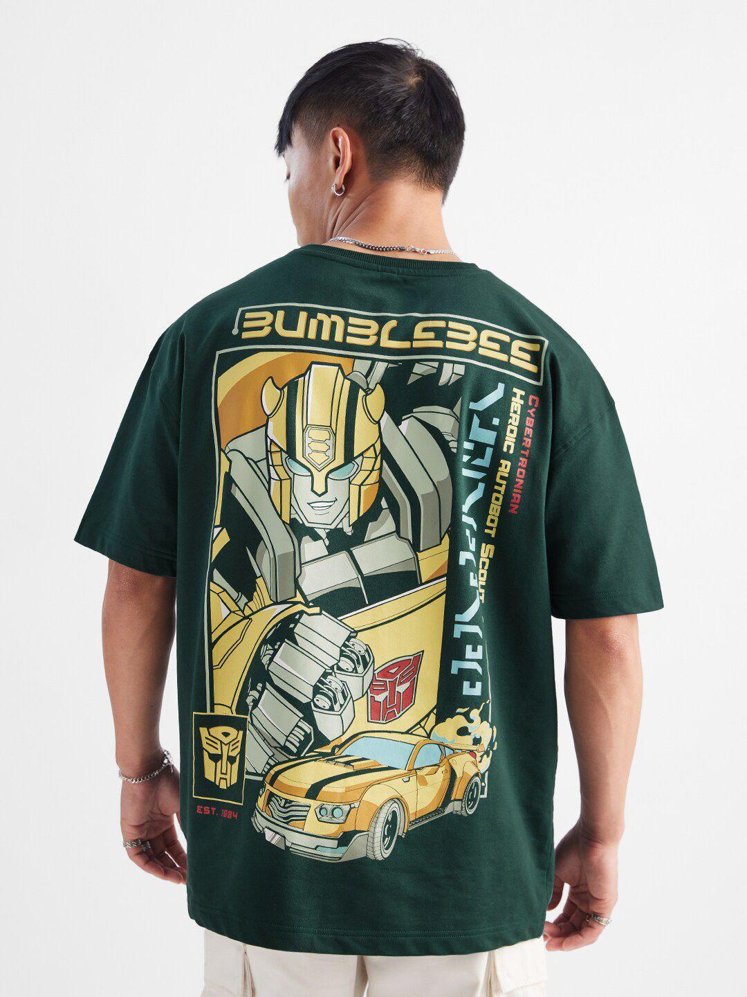 the souled store green transformers printed drop-shoulder sleeves pure cotton t-shirt