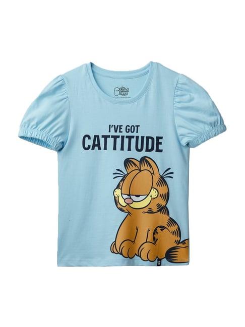 the souled store kids blue & brown cotton printed garfield top