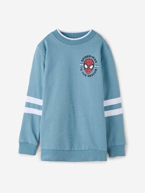 the souled store kids blue cotton printed full sleeves spiderman sweatshirt