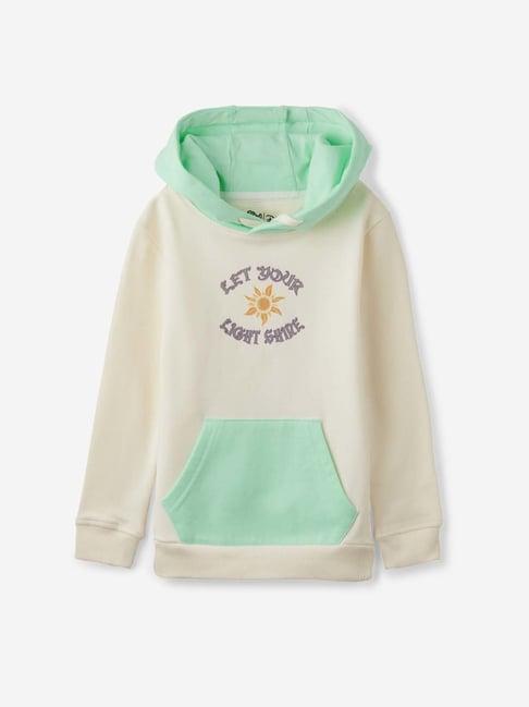 the souled store kids cream & green cotton printed full sleeves hoodie