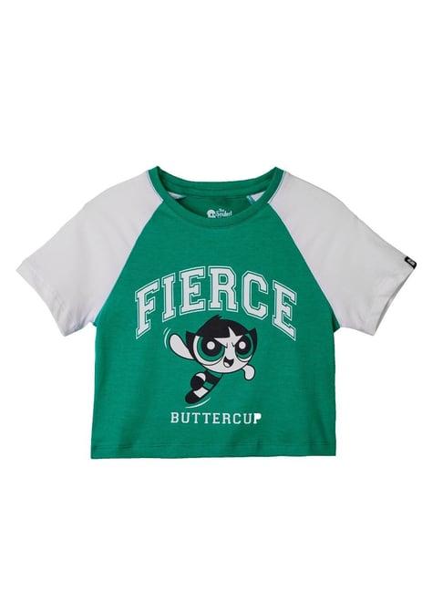 the souled store kids green & white printed crop top