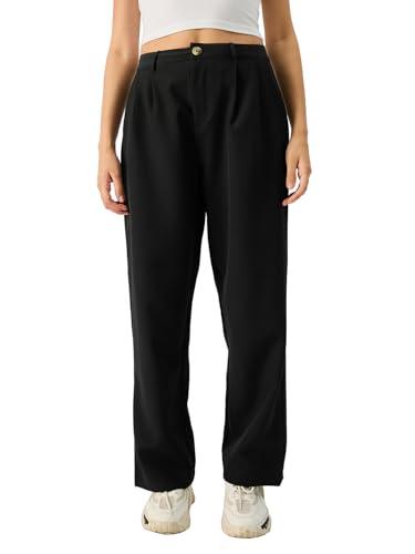 the souled store korean pants: black women and girls straight fit mid rise pleated cotton blend pants