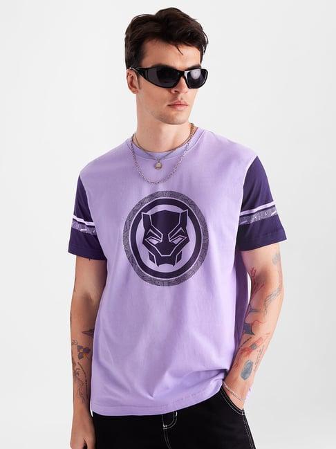 the souled store lavender regular fit black panther: graphic logo crew t-shirt