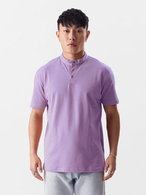 the souled store lavender regular fit mandarin collar t-shirt
