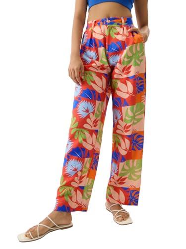 the souled store leafy charm women and girls multicolor all over printed viscose straight fit pants loose fit wide pants for everyday wear