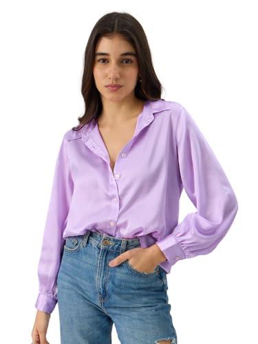 the souled store lilac cider women and girls long sleeve collared neck button front solid regular fit polyester satin shirts