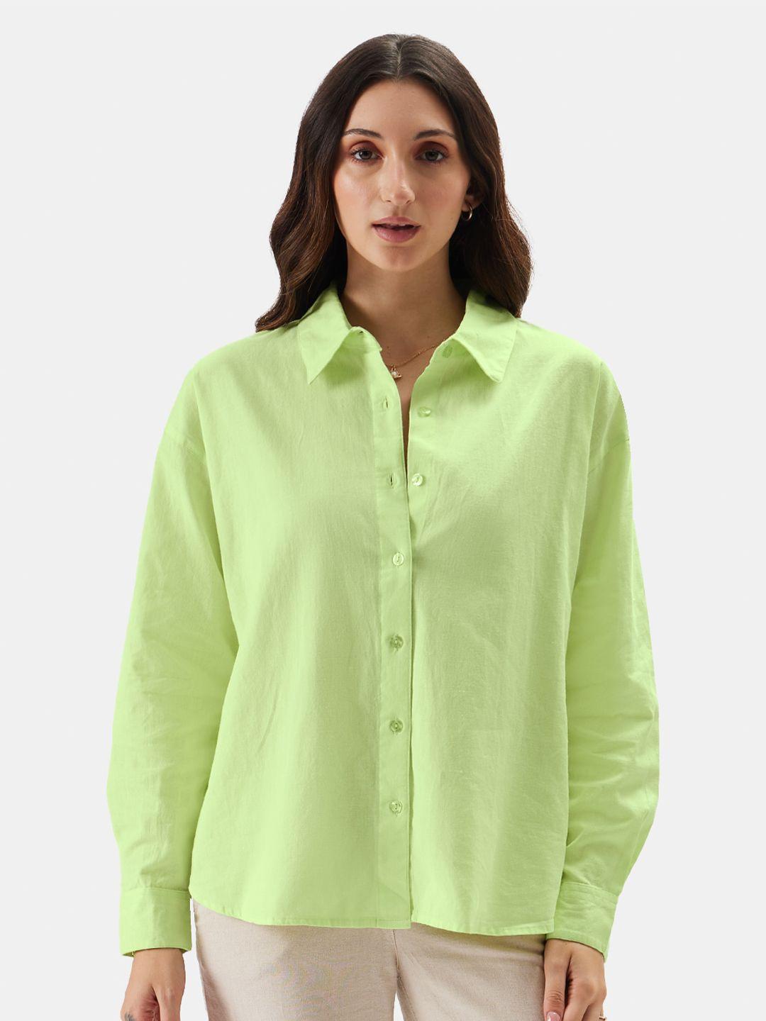 the souled store lime green relaxed fit cotton linen casual shirt