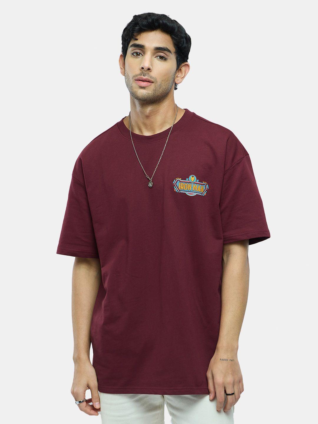 the souled store maroon iron man printed pure cotton oversized t-shirt