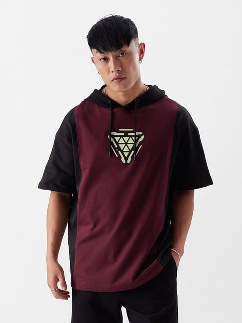 the souled store maroon relaxed fit graphic print iron man: the invincible hooded t-shirt