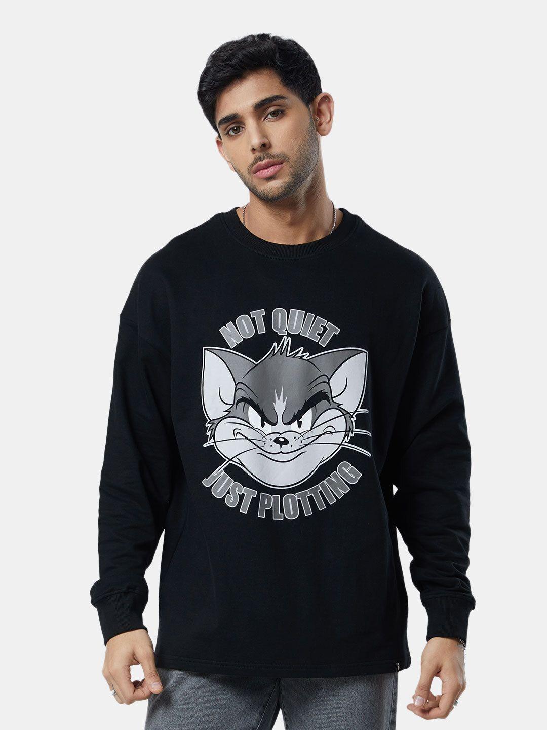 the souled store men black tom & jerry printed drop-shoulder sleeves oversized t-shirt