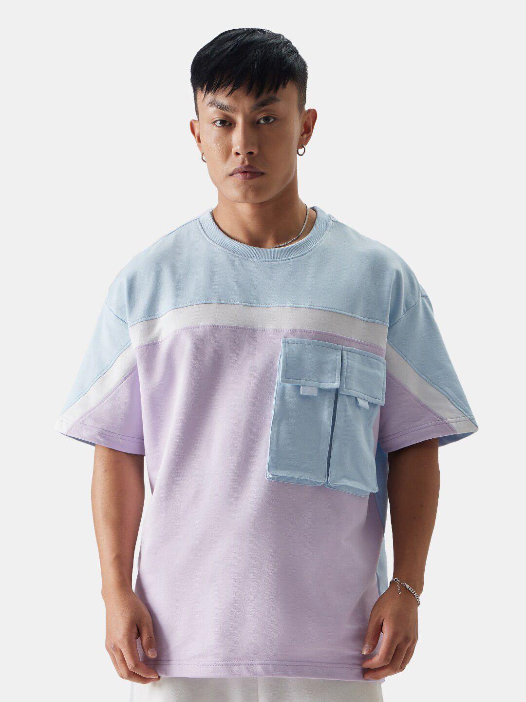 the souled store men blue & lavender colourblocked pockets pure cotton oversized t-shirt