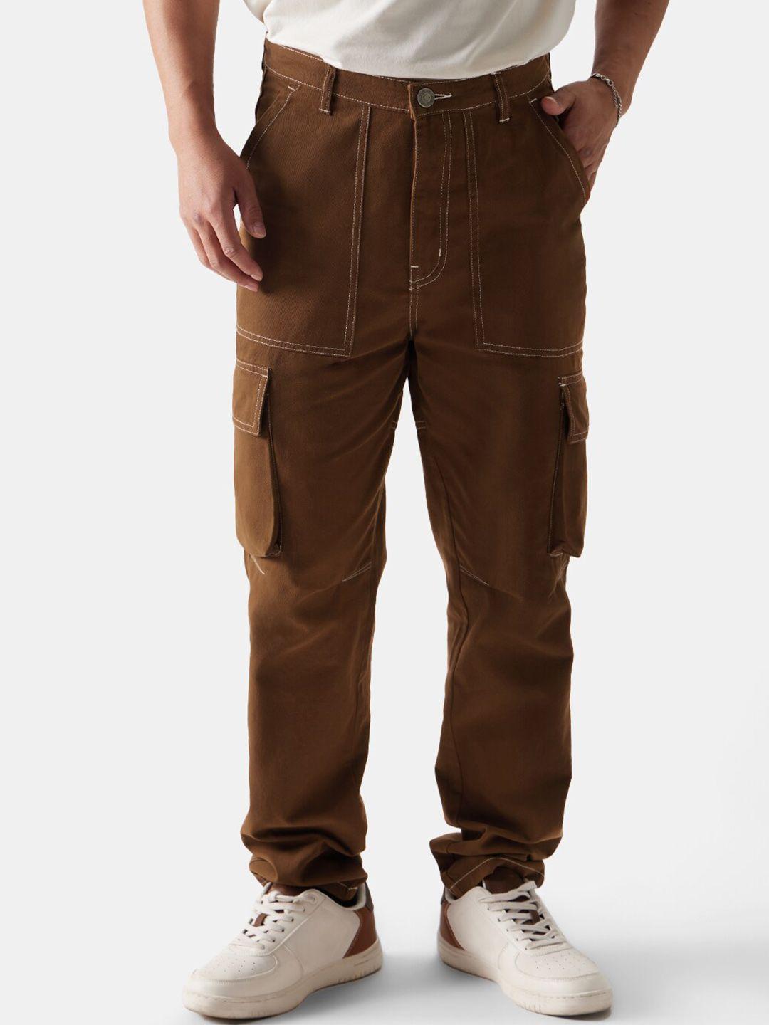 the souled store men brown mid-rise pure cotton cargo trousers