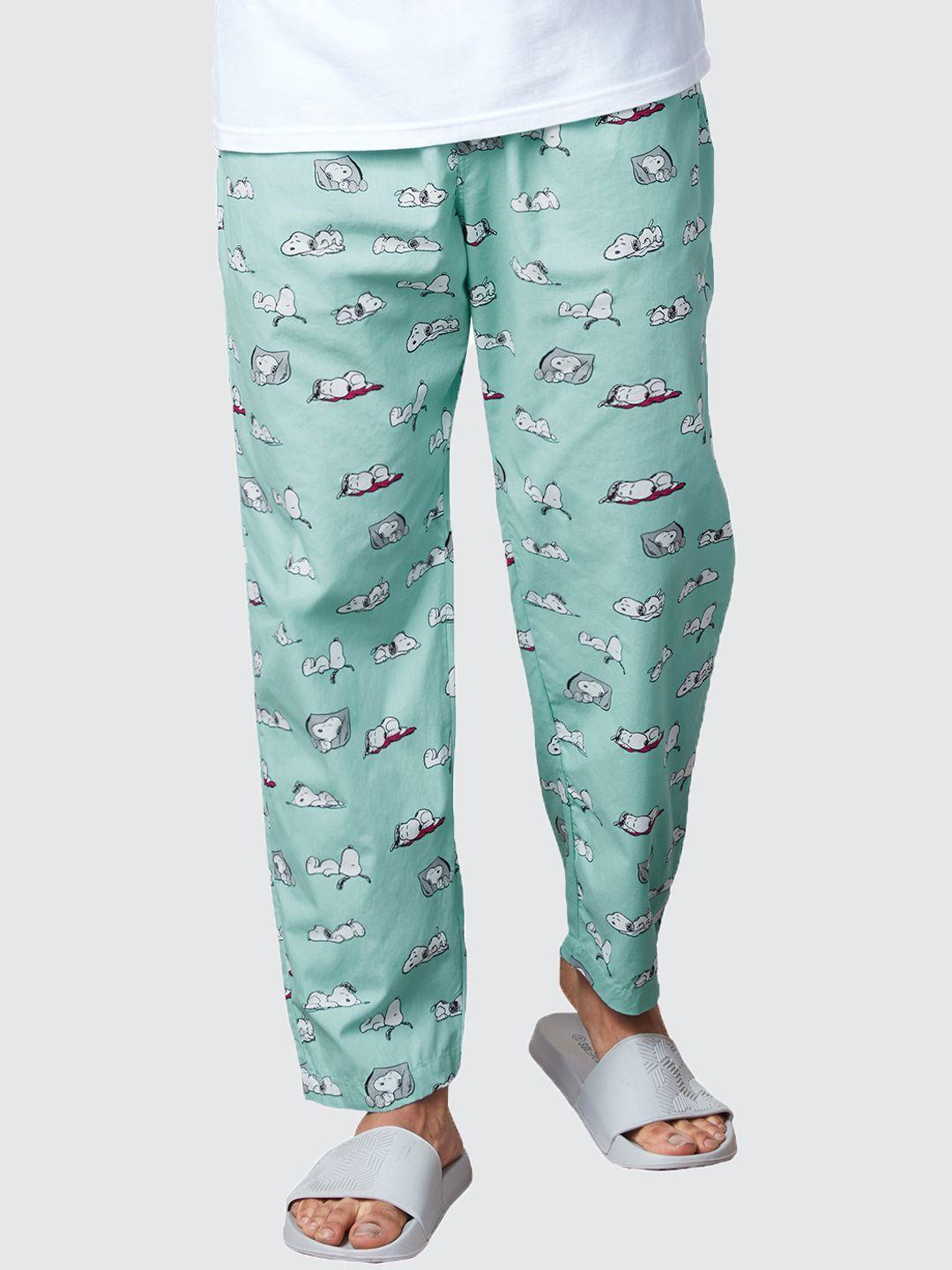 the souled store men green & white snoopy doodle printed cotton lounge pants