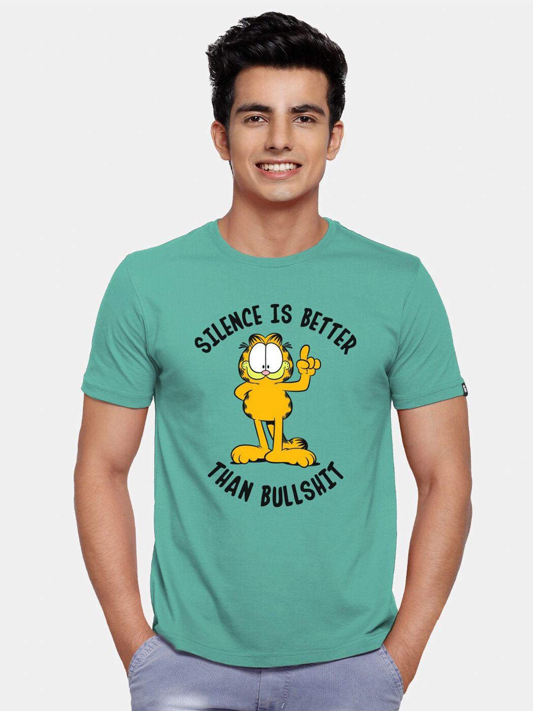 the souled store men green typography garfield printed pure cotton t-shirt