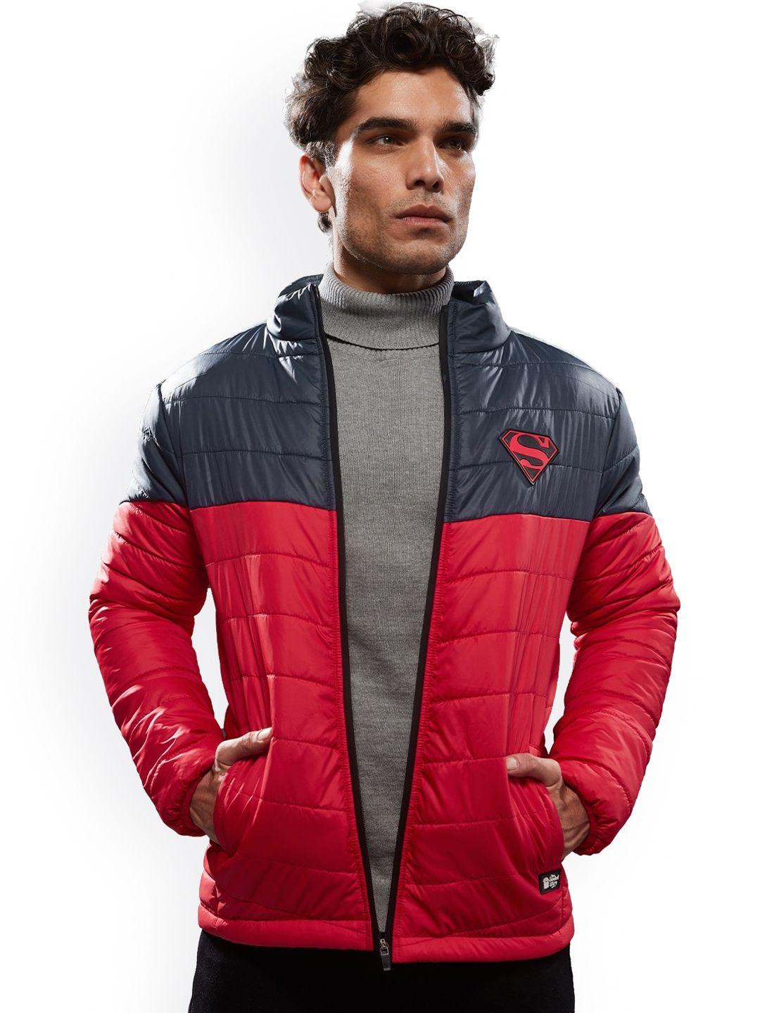 the souled store men grey & red colourblocked lightweight puffer jacket with patchwork