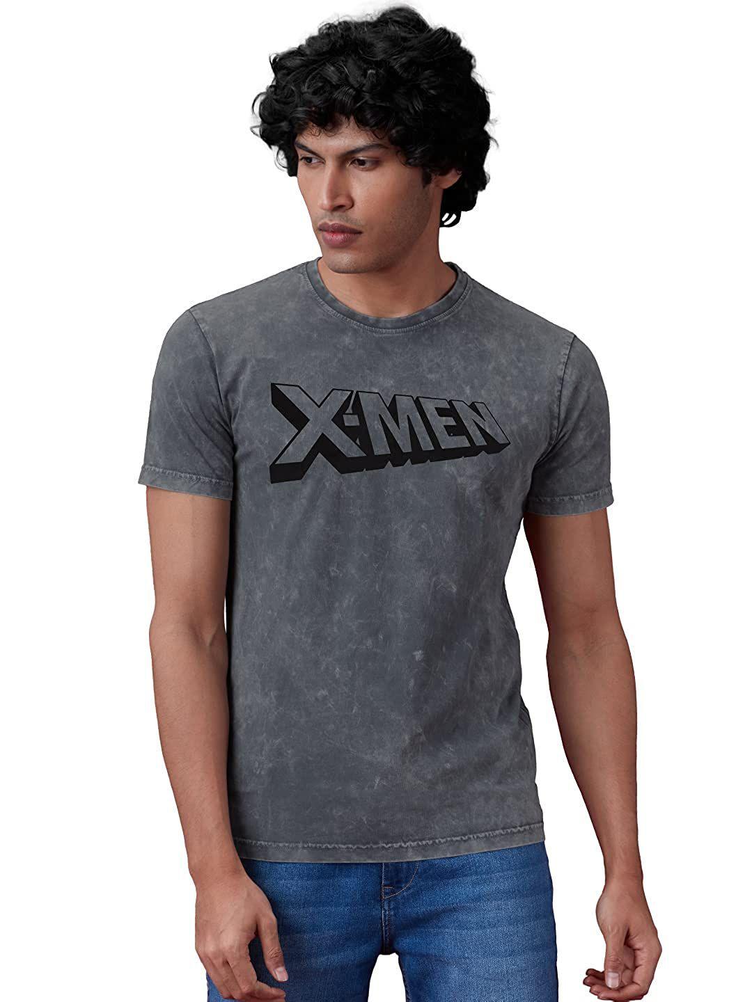 the souled store men grey x-men logo acid wash t-shirt
