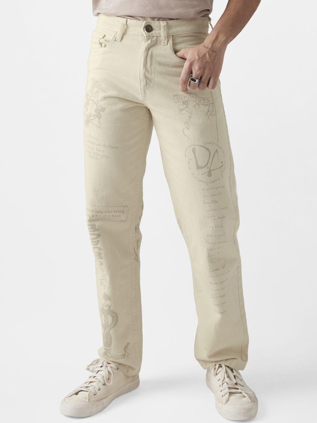 the souled store men off white straight fit low distress printed stretchable jeans
