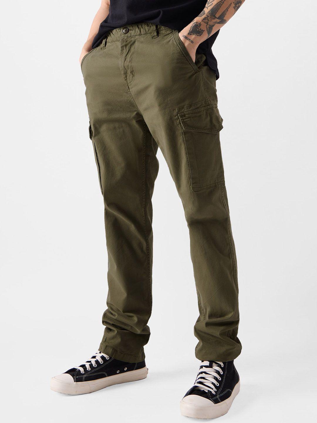 the souled store men olive green mid-rise pure cotton cargos trousers